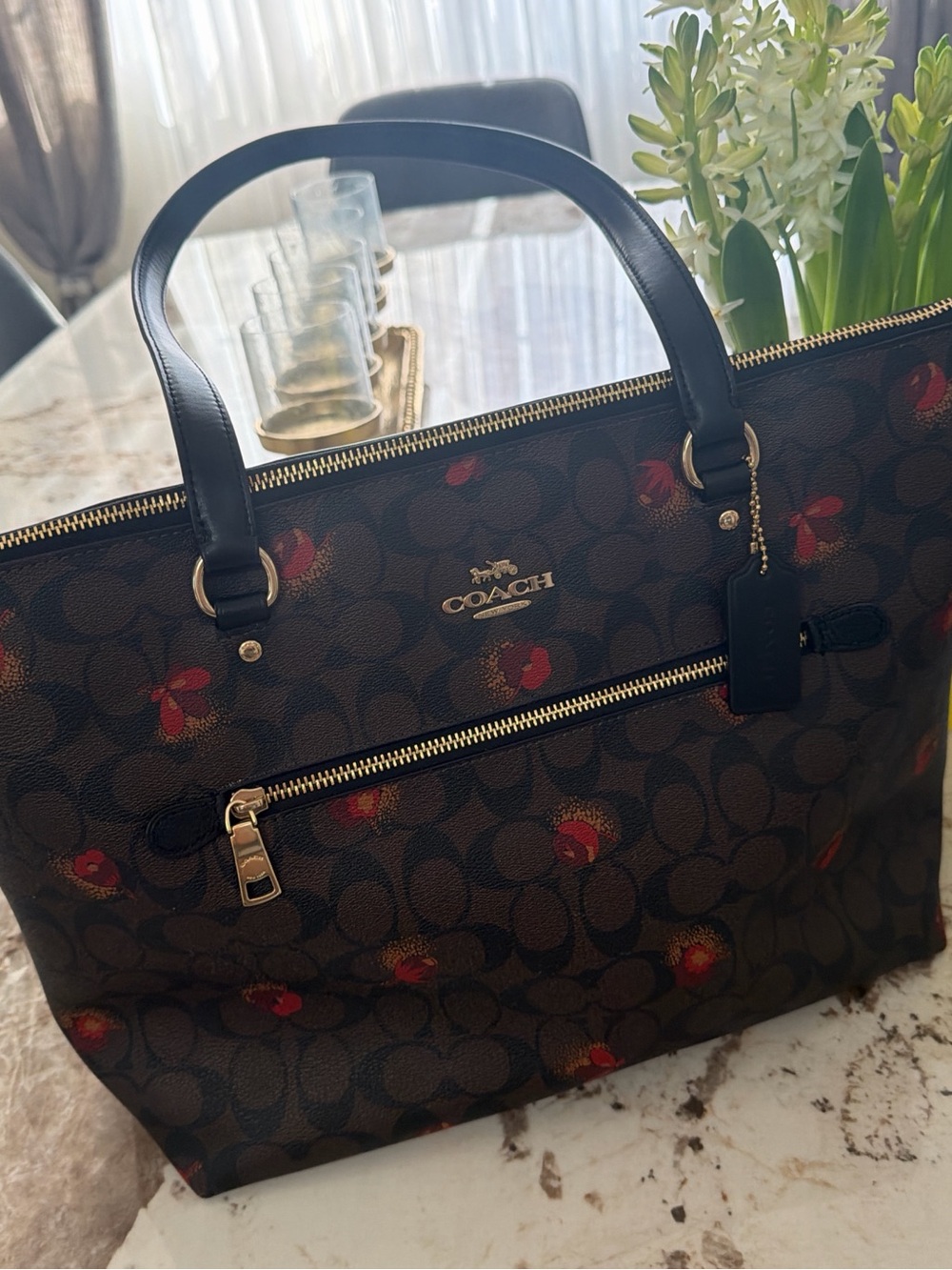 Coach Brown Signature Monogram Tote with Red Floral Accents - Picture 14 of 15
